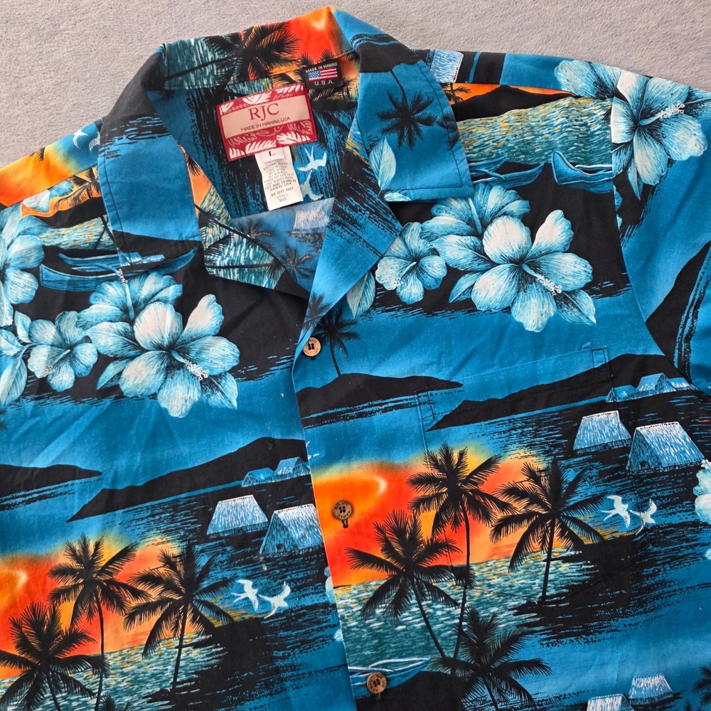 RJC Mens Hawaiian Shirt Large Blue Tropical Sunset Palm Tree Cotton Made in USA
